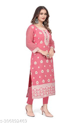 Pink A-Line Straight Cotton Kurti with Embroidery, Three-Quarter Sleeves. Cotton kurti on mannequin with bust size 42 inches and length 43/45/41 inches for L/XL/XXL sizes
